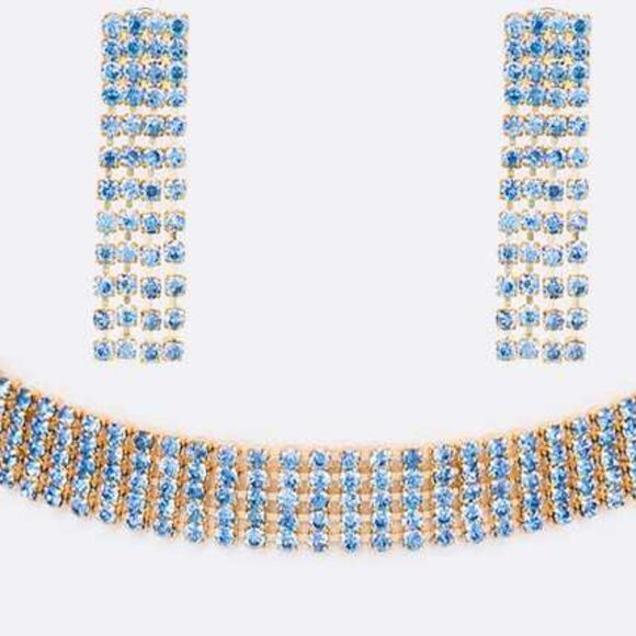 5 Row Color Crystal Rhinestone Choker Set - Gold/Blue - Picture 2 of 2
